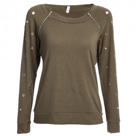 CASUAL ROUND COLLAR LONG SLEEVE BUTTON RIVET ZIPPER DESIGN T-SHIRT FOR WOMEN