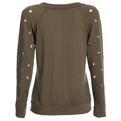 CASUAL ROUND COLLAR LONG SLEEVE BUTTON RIVET ZIPPER DESIGN T-SHIRT FOR WOMEN