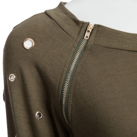 CASUAL ROUND COLLAR LONG SLEEVE BUTTON RIVET ZIPPER DESIGN T-SHIRT FOR WOMEN