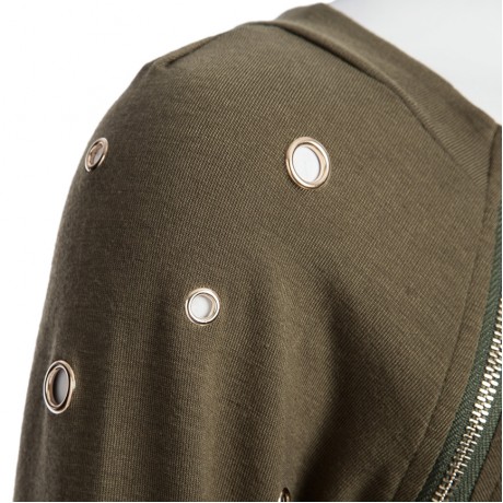 CASUAL ROUND COLLAR LONG SLEEVE BUTTON RIVET ZIPPER DESIGN T-SHIRT FOR WOMEN