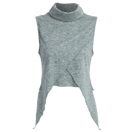 CASUAL TURTLE NECK SLEEVELESS ASYMMETRIC SOLID COLOR T-SHIRT FOR WOMEN