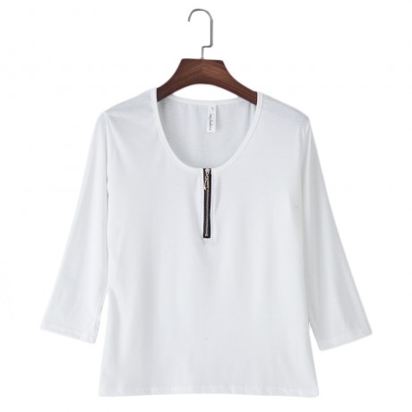 BRIEF PLUNGING NECK THREE QUARTER SLEEVE ZIPPER SOLID COLOR T-SHIRT FOR WOMEN