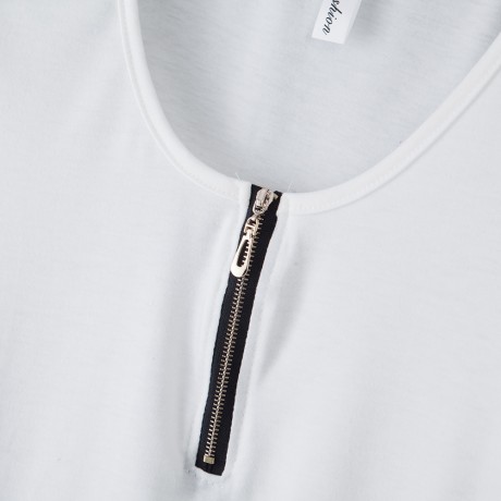 BRIEF PLUNGING NECK THREE QUARTER SLEEVE ZIPPER SOLID COLOR T-SHIRT FOR WOMEN