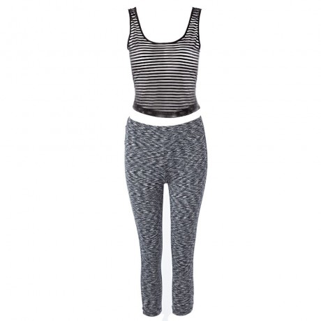 ACTIVE U-NECK STRIPES SEE-THROUGH TANK TOP   ELASTIC WAIST CAPRI LEGGINGS TWINSET FOR WOME