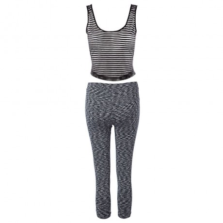 ACTIVE U-NECK STRIPES SEE-THROUGH TANK TOP   ELASTIC WAIST CAPRI LEGGINGS TWINSET FOR WOME