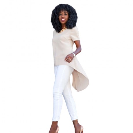TRENDY ROUND COLLAR SHORT SLEEVE ASYMMETRIC SOLID COLOR SUNDRESS FOR WOMEN