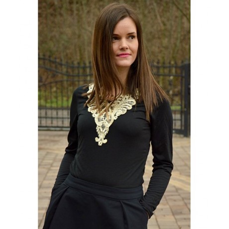 FASHIONABLE V-NECK LACEWORK SPLICING LONG SLEEVE WOMEN'S T-SHIRT