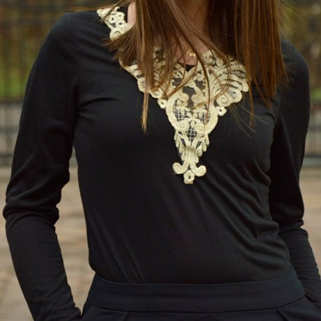 FASHIONABLE V-NECK LACEWORK SPLICING LONG SLEEVE WOMEN'S T-SHIRT
