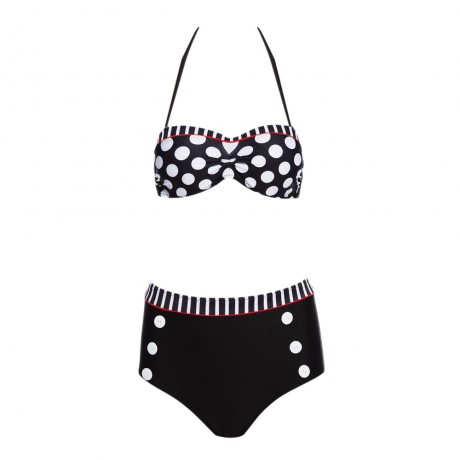 VINTAGE HALTER UNDERWIRE BRA   HIGH WAIST BRIEFS POLKA DOT TWO PIECE SWIMWEAR FOR WOMEN