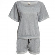 ACTIVE ROUND COLLAR SHORT SLEEVE PATCHWORK TOP   ELASTIC WAIST DRAWSTRING WITN POCKET SHOR