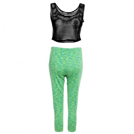 ACTIVE U-NECK STRIPES SEE-THROUGH TANK TOP   ELASTIC WAIST CAPRI LEGGINGS TWINSET FOR WOME