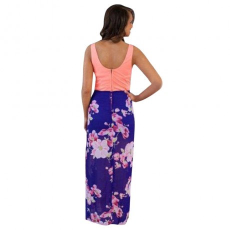 STYLISH V-NECK FLORAL PRINT SPLICED ZIPPERED MAXI DRESS FOR WOMEN