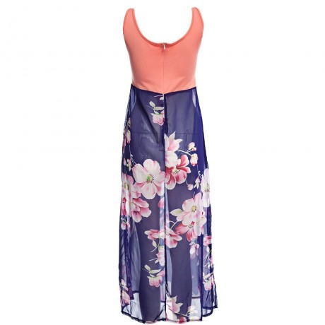 STYLISH V-NECK FLORAL PRINT SPLICED ZIPPERED MAXI DRESS FOR WOMEN