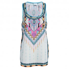 SEXY SCOOP COLLAR SLEEVELESS COLOR BLOCK PRINT ASYMMETRIC SIDE SLIT T-SHIRT FOR WOMEN