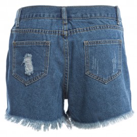 TRENDY HIGH WAIST HOLE TASSEL FRONT SINGLE-BREASTED WITH POCKET DENIM HOT PANTS FOR WOMEN