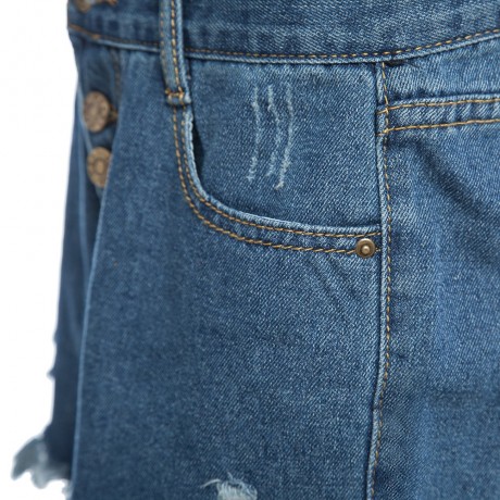 TRENDY HIGH WAIST HOLE TASSEL FRONT SINGLE-BREASTED WITH POCKET DENIM HOT PANTS FOR WOMEN