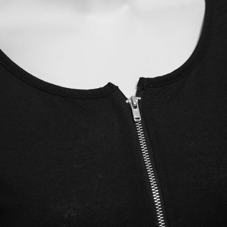 BRIEF PLUNGING NECK THREE QUARTER SLEEVE ZIPPER SOLID COLOR T-SHIRT FOR WOMEN
