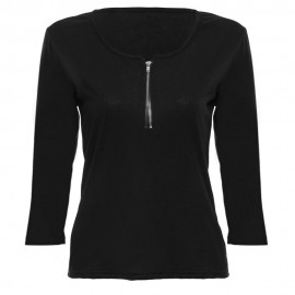 BRIEF PLUNGING NECK THREE QUARTER SLEEVE ZIPPER SOLID COLOR T-SHIRT FOR WOMEN