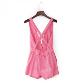 SEXY HALTER PLUNGING NECK BACK CROSS ELASTIC WAIST PLEATED PATCHWORK WITH POCKET ROMPER FO