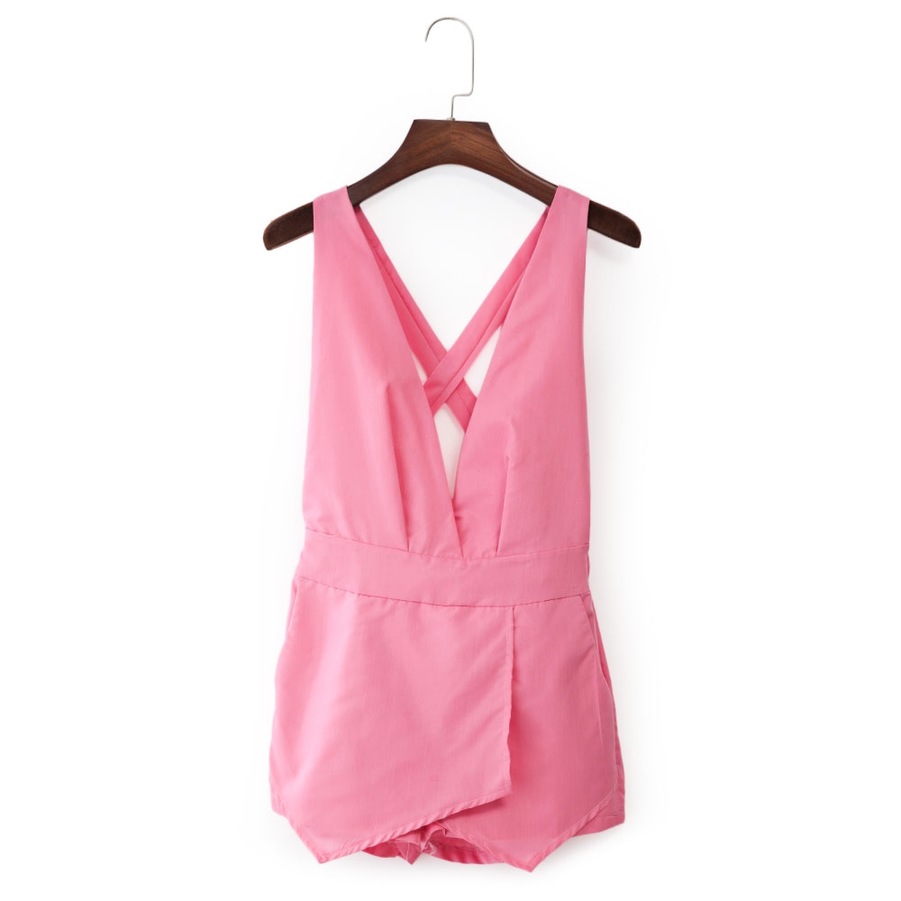 SEXY HALTER PLUNGING NECK BACK CROSS ELASTIC WAIST PLEATED PATCHWORK WITH POCKET ROMPER FO SEXY HALTER PLUNGING NECK BACK CROSS ELASTIC WAIST PLEATED PATCHWORK WITH POCKET ROMPER FO