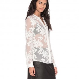 FRESH STYLE V-NECK LONG SLEEVE EMBRIODERY SEE-THROUGH BLOUSE FOR WOMEN