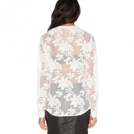 FRESH STYLE V-NECK LONG SLEEVE EMBRIODERY SEE-THROUGH BLOUSE FOR WOMEN