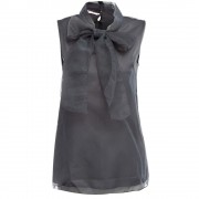 SWEET FOLD MANDARIN COLLAR SLEEVELESS BOWTIE BACK BUTTON SOLID COLOR ORGANZA T-SHIRT FOR W