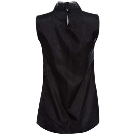 SWEET FOLD MANDARIN COLLAR SLEEVELESS BOWTIE BACK BUTTON SOLID COLOR ORGANZA T-SHIRT FOR W