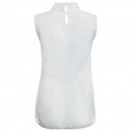 SWEET FOLD MANDARIN COLLAR SLEEVELESS BOWTIE BACK BUTTON SOLID COLOR ORGANZA T-SHIRT FOR W