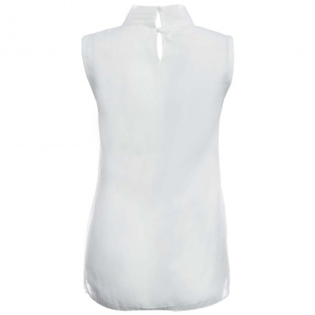 SWEET FOLD MANDARIN COLLAR SLEEVELESS BOWTIE BACK BUTTON SOLID COLOR ORGANZA T-SHIRT FOR W