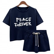 CASUAL ROUND COLLAR SHORT SLEEVE LETTER PRINT T-SHIRT   DRAWSTRING SHORTS TWINSET FOR WOME
