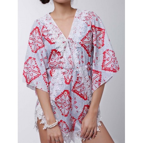 STYLISH PLUNGING NECK PRINTED LACE EMBELLISHED WOMEN'S ROMPER