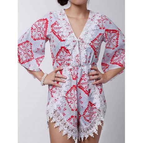 STYLISH PLUNGING NECK PRINTED LACE EMBELLISHED WOMEN'S ROMPER