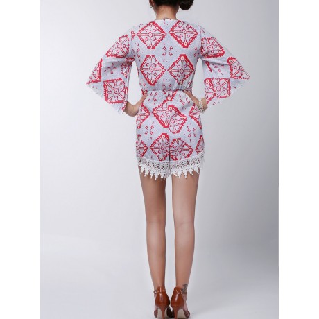 STYLISH PLUNGING NECK PRINTED LACE EMBELLISHED WOMEN'S ROMPER