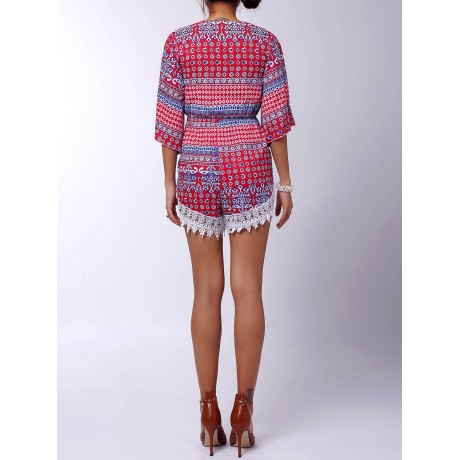 STYLISH PLUNGING NECK PRINTED LACE EMBELLISHED WOMEN'S ROMPER