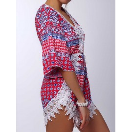 STYLISH PLUNGING NECK PRINTED LACE EMBELLISHED WOMEN'S ROMPER