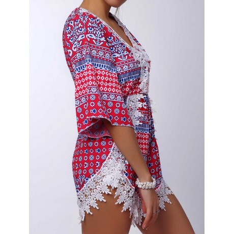 STYLISH PLUNGING NECK PRINTED LACE EMBELLISHED WOMEN'S ROMPER