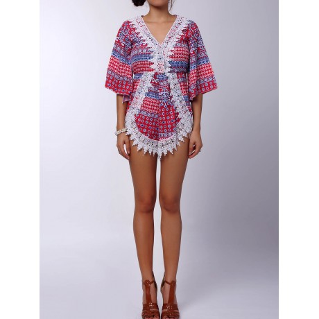 STYLISH PLUNGING NECK PRINTED LACE EMBELLISHED WOMEN'S ROMPER