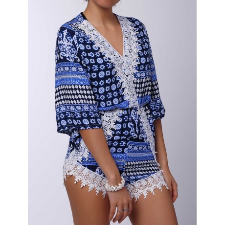 STYLISH PLUNGING NECK PRINTED LACE EMBELLISHED WOMEN'S ROMPER