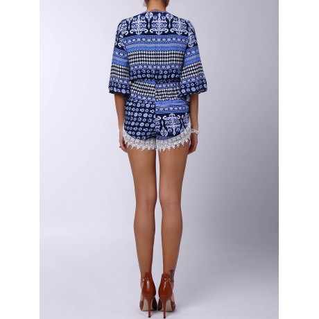 STYLISH PLUNGING NECK PRINTED LACE EMBELLISHED WOMEN'S ROMPER