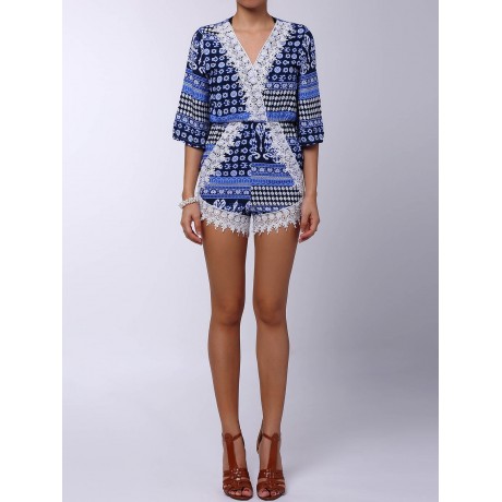 STYLISH PLUNGING NECK PRINTED LACE EMBELLISHED WOMEN'S ROMPER