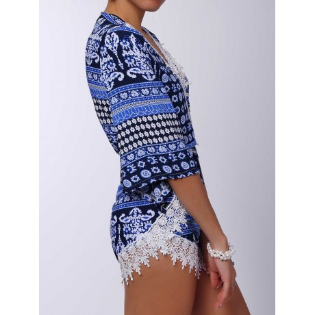 STYLISH PLUNGING NECK PRINTED LACE EMBELLISHED WOMEN'S ROMPER
