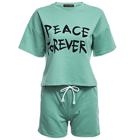 CASUAL ROUND COLLAR SHORT SLEEVE LETTER PRINT T-SHIRT   DRAWSTRING SHORTS TWINSET FOR WOME