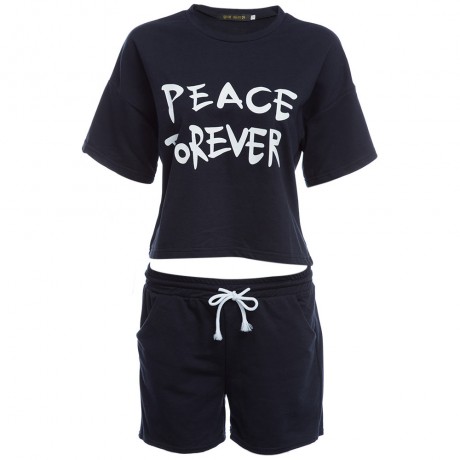 CASUAL ROUND COLLAR SHORT SLEEVE LETTER PRINT T-SHIRT   DRAWSTRING SHORTS TWINSET FOR WOME
