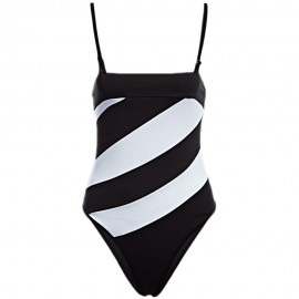 SIMPLE SUSPENDER OFF-THE-SHOULDER HIGH WAIST COLOR BLOCK PATCHWORK SWIMWEAR FOR WOMEN