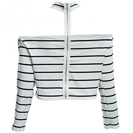 SEXY HALTER BOAT NECK OFF-THE-SHOULDER LONG SLEEVE BACK ZIPPER STRIPE PRINT CROP TOP FOR W