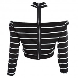 SEXY HALTER BOAT NECK OFF-THE-SHOULDER LONG SLEEVE BACK ZIPPER STRIPE PRINT CROP TOP FOR W