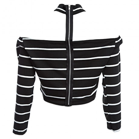 SEXY HALTER BOAT NECK OFF-THE-SHOULDER LONG SLEEVE BACK ZIPPER STRIPE PRINT CROP TOP FOR W