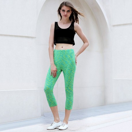 ACTIVE U-NECK STRIPES SEE-THROUGH TANK TOP   ELASTIC WAIST CAPRI LEGGINGS TWINSET FOR WOME