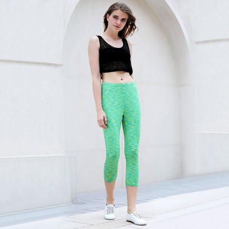 ACTIVE U-NECK STRIPES SEE-THROUGH TANK TOP   ELASTIC WAIST CAPRI LEGGINGS TWINSET FOR WOME